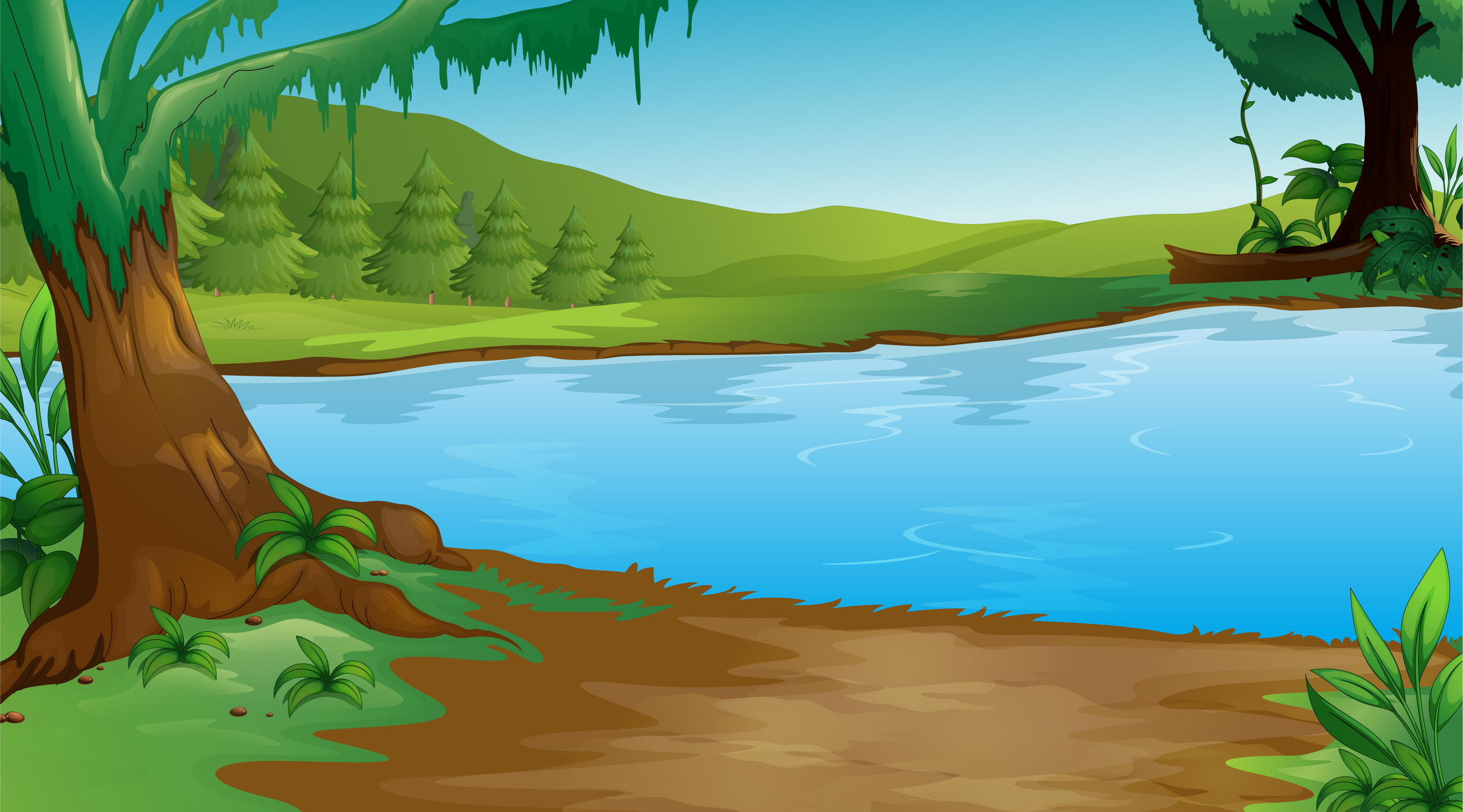 Background scene with trees and lake